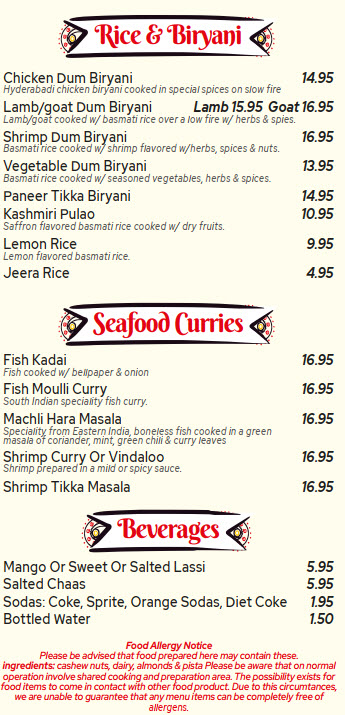 Rice/Biryani - Seafood Curries - Beverages